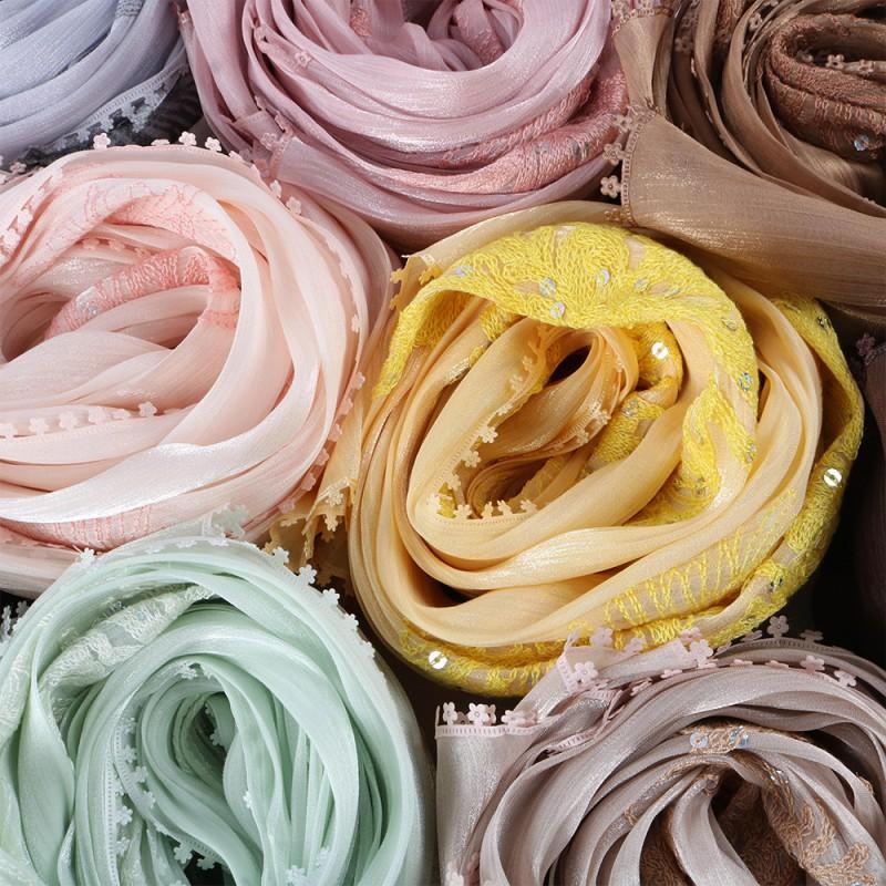 Lightweight Chiffon Scarf With Floral Embroidery Edge - Versatile Wrap Shawl Women Fall Winter