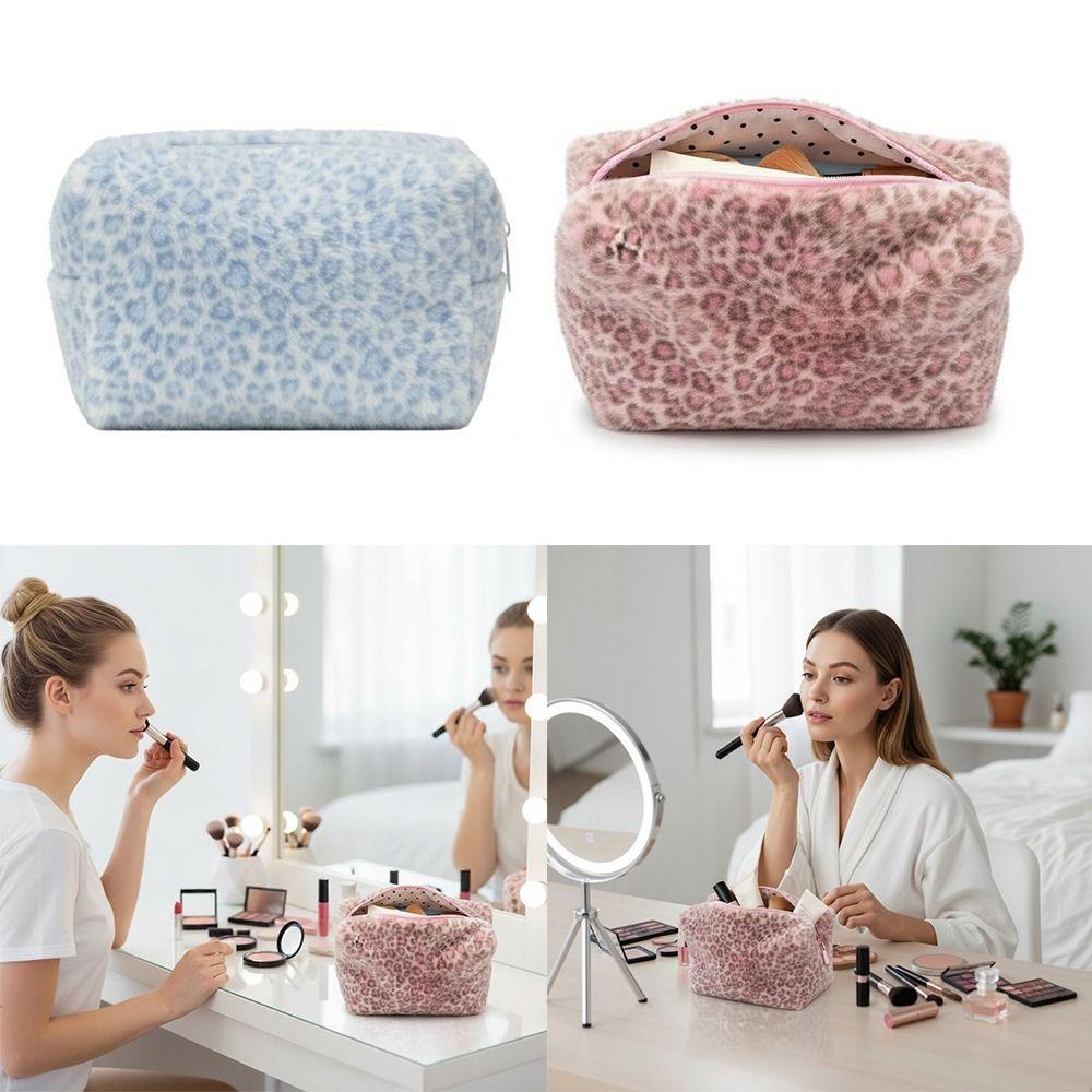 High Quality Fuzzy Makeup Bag Leopard Print Portable Toiletry Organizer Large Capacity Cosmetic Bag Girls