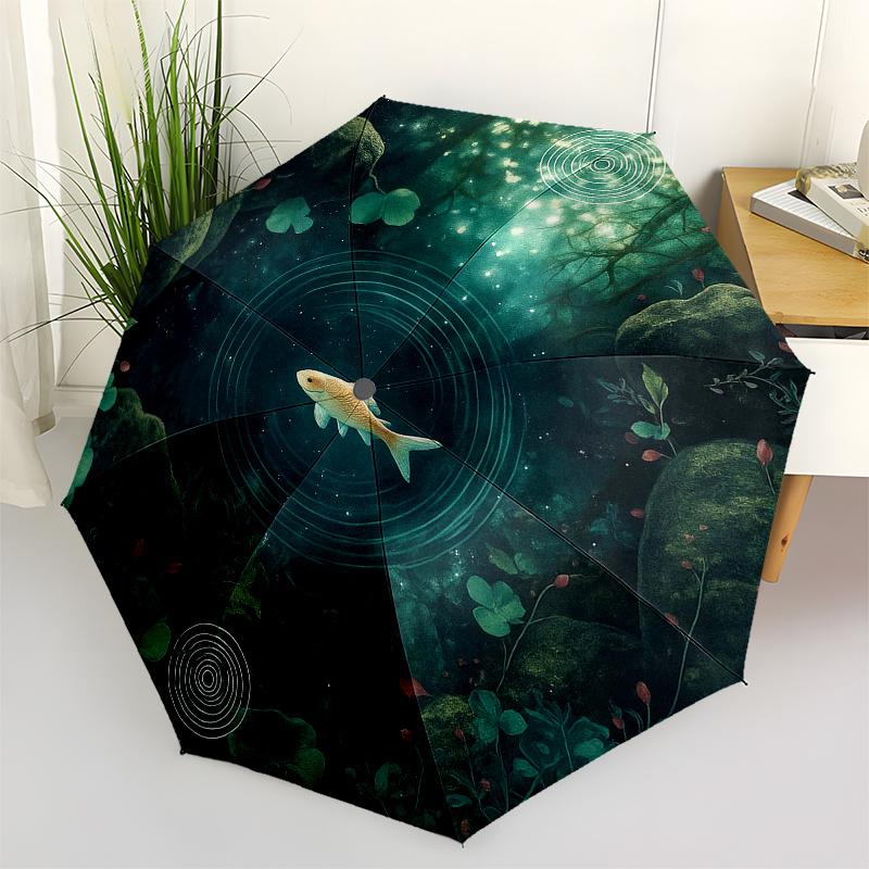 Enchanted Forest Pond Fish Decorative Wall ArtUmbrella, Portable 3-Fold Compact Umbrella for Men & Women Gift