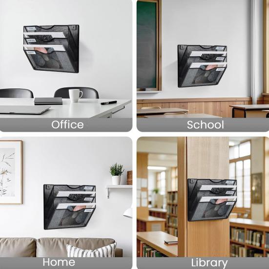 Wall File Organizer 3 Tier Mesh Metal Hanging File Folder Rack with Label Slots Rust-Resistant Mail Organizer for Office Home Classroom