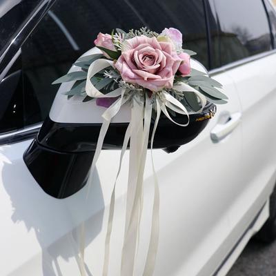 Romantic Wedding Car Floral Ribbon Bridal Car Door Handle Mirror Flowers Wedding Bow Decoration Flower Ceremony Party Decor