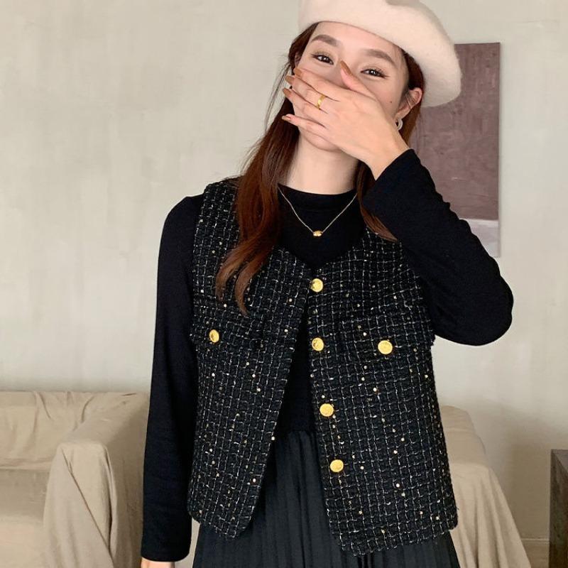 Women's Tweed Vest Elegant Sleeveless Button Up Waistcoat Casual Outerwear