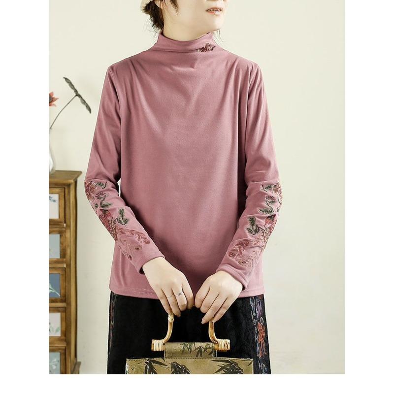 Otoño Invierno Cuello Medio Alto Estilo Étnico Vintage Bordado Jersey Top Mujer Manga Larga Camiseta Básica