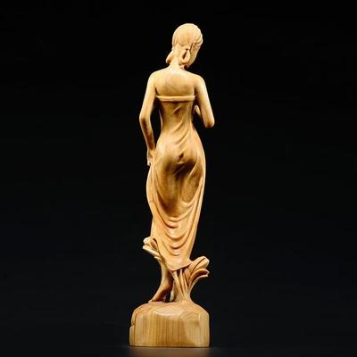 Natural Cypress Flower Beautiful Girl Character Statue Elegant Home Room Office Decorations Chinese Characteristic Wood Carving