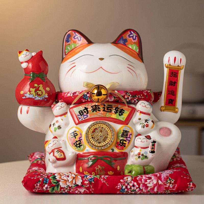 34cm Large Ceramic Maneki Neko Ornament Lucky Cat Statue Waving Arm Beckoning Fortune Cat Store Company Decoration Gift