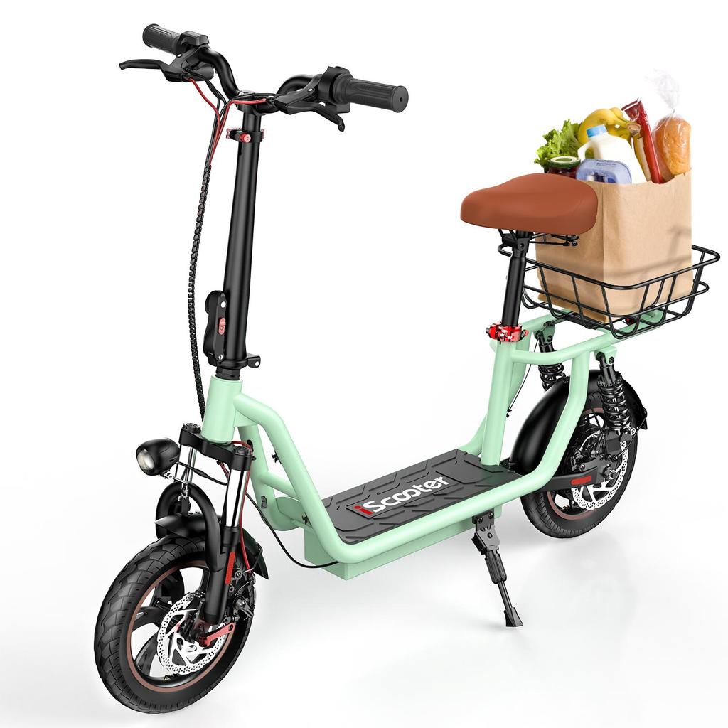 iScooter I12 Electric Scooter with Seat for Adults, 500W 12" Dual Suspensions Commuter EScooter with Basket, Height Adjustable Seat & Handlebar