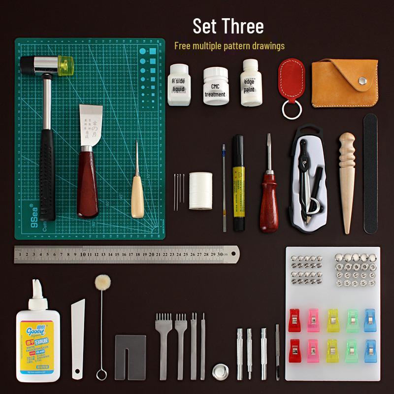 Handmade Leathercraft Sewing Set: Cutting Knife, Diamond Awl, Edge Beveler, Waxed Thread, and Coat.