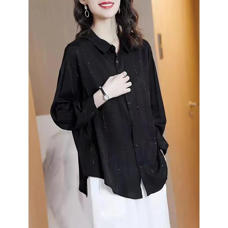 WTEMPO Black High End Shirts Women Spring Summer Stylish Long Sleeve Loose Large Size Turn-down Collar Button Tops