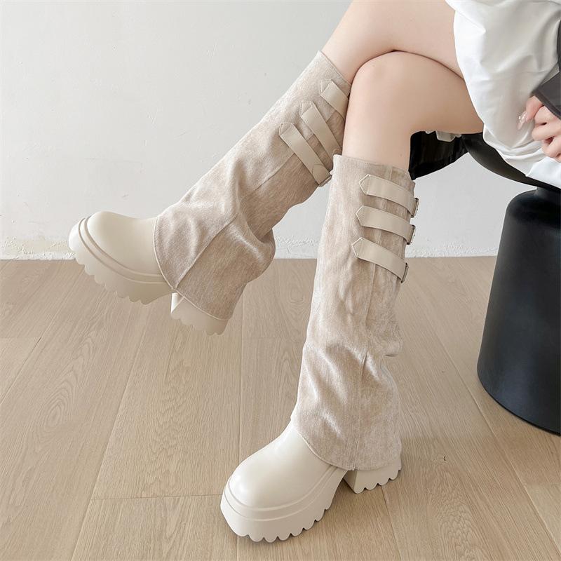 Retro weiße High-End Stiefel mit dickem Absatz Kinderstiefel 2025 neu Herbst mit Rock dünne Ritterstiefel