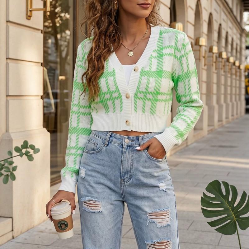 Womens Cropped Knit Cardigan Plaid Striped Streetwear V-Neck Long Sleeve Slim Fit Fall Winter Casual Top