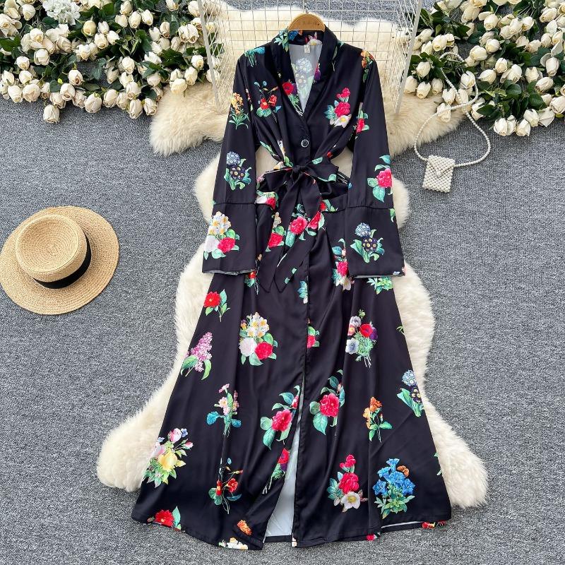 Modisches Frühlings-Damenkleid zum Schnüren, geraffte Taille, Revers, langärmliger Cardigan, elegantes bedrucktes Kleid