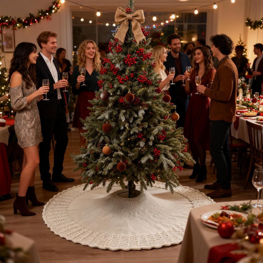 36/48 Inch White Traditional Christmas Tree Skirt Christmas Cotton Knitted Fan-shaped Tree Skirt Christmas Tree Apron Base Cover