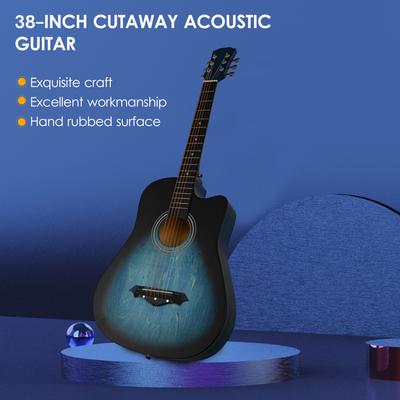 Cutaway Acoustic Guitar 38-inch Folk Guitar Hand Rubbed Basswood with Celluloid Pick, Pick Holder,
