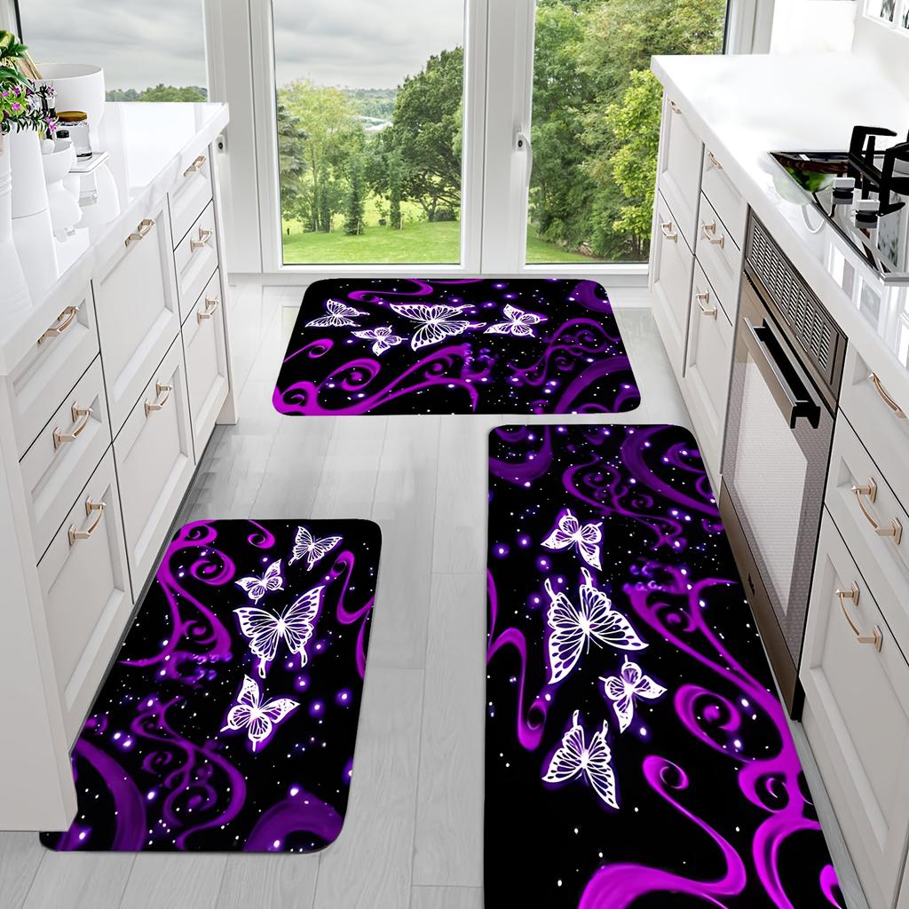 1 Stück Lila Schmetterlingsmuster Fußmatte Modern Küche Polyester Teppich Rutschfest Bunt Innen Teppich, Für Zuhause Badezimmer Schlafzimmer Wohnzimmer Dekor