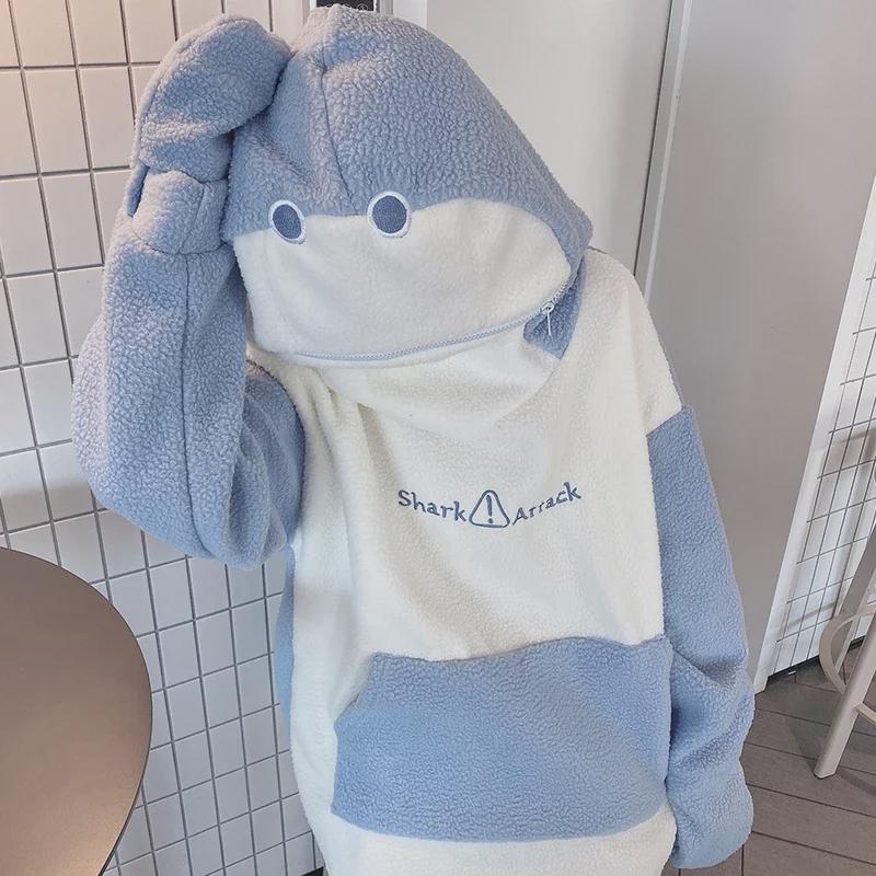 Women's Cute Shark Hooded Sweatshirt - Loose Fit, Korean Style, 2025 Autumn/Winter Lamb Wool