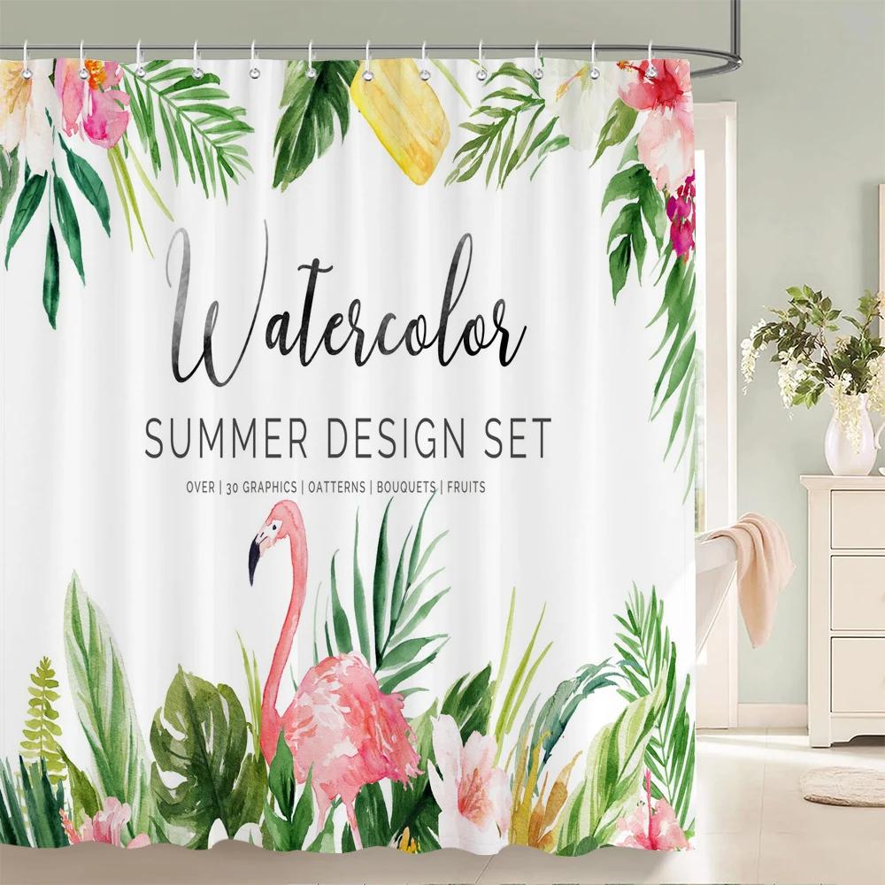 

Занавески для душа с рисунком розовых фламинго для ванной комнаты, тропические растения, цветы и птицы, водонепроницаемая ткань с крючками W90xH180cm