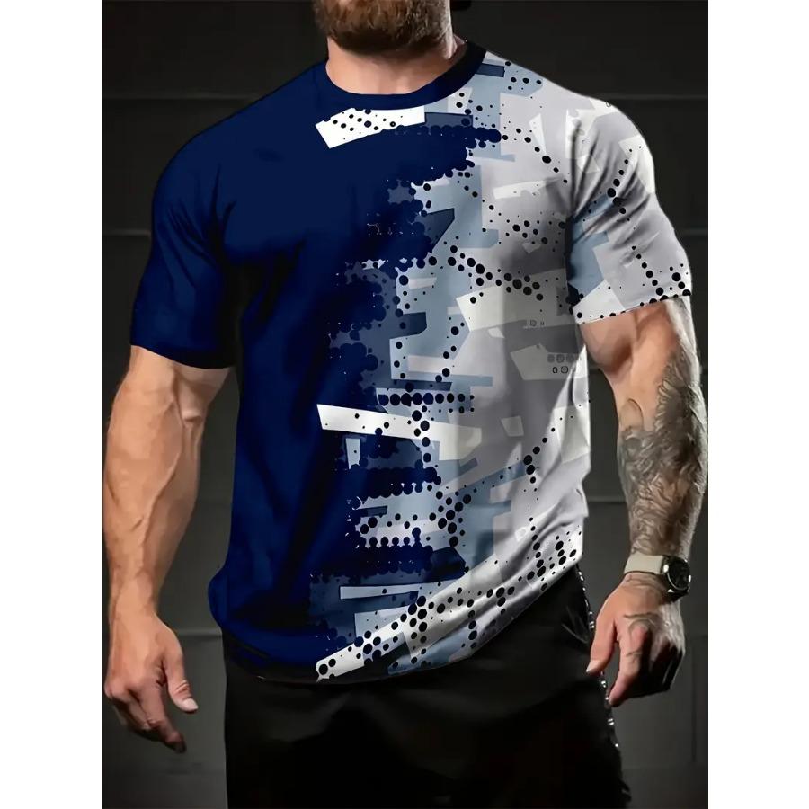 Men Cool Contrast Color 3D Print T-shirts for Tie Dye Stretch Polyester Sportwear Short Sleeve Tops Summerwear