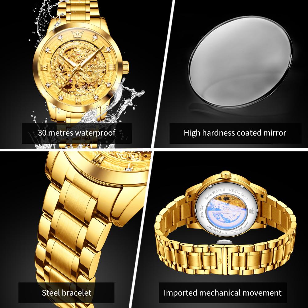 OLEVS Gold Steel Dragon Dial Automatic Watch Men Full Steel Waterproof Miyota Mechanical Mens Watches Top Brand Luxury Relogio