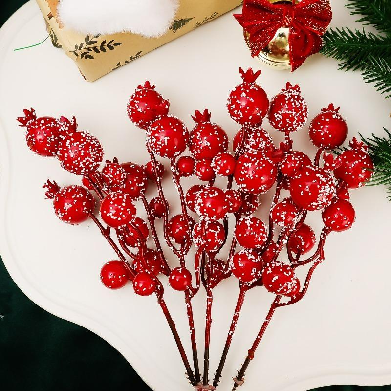 Red Christmas Artificial Berry Stems Xmas Tree Fake Flowers Ornaments DIY New Year Snow Wreath Crafts Berries Decoration