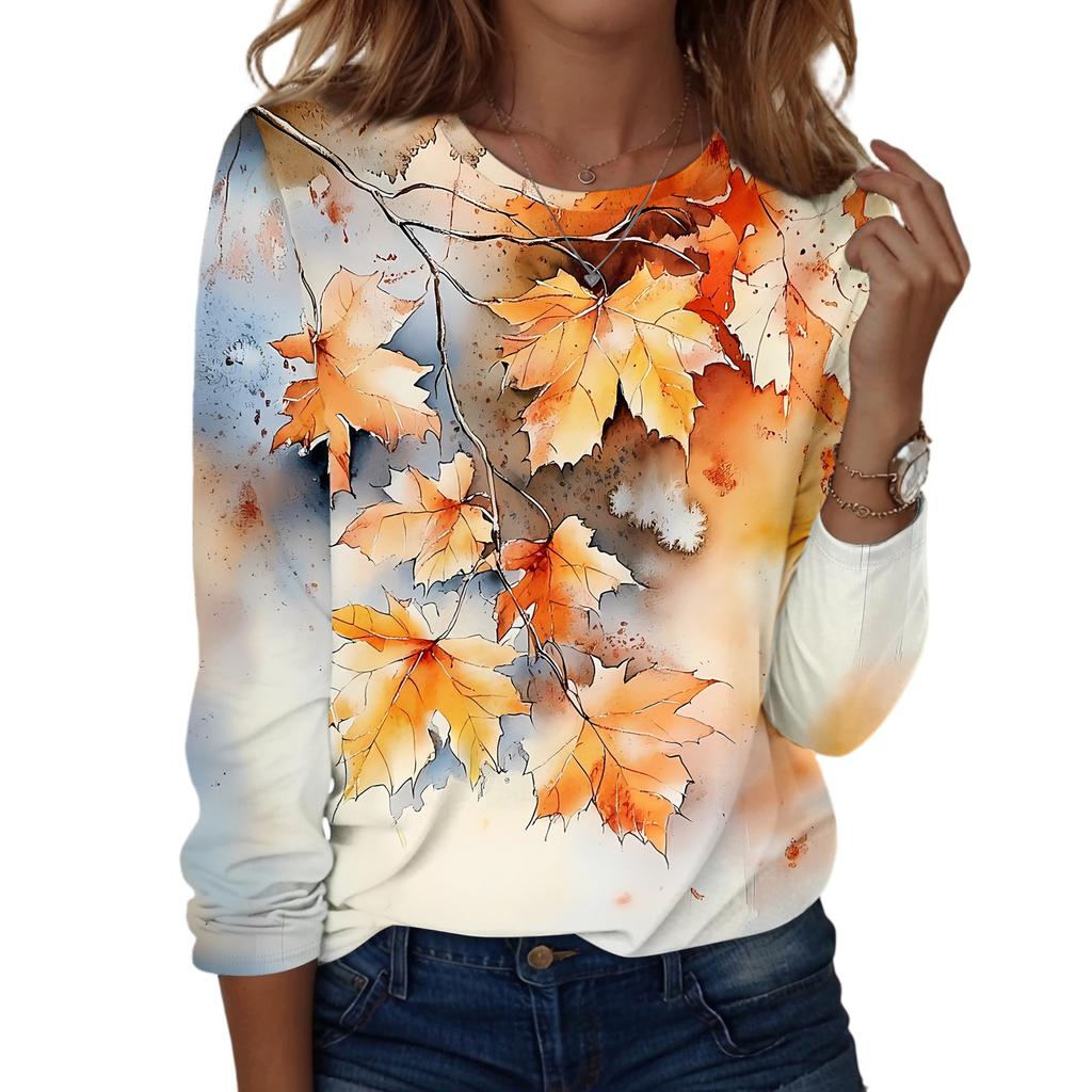 Women's Casual Long Sleeve Blouse with Leaves Print Round Neck Top for Everyday Wear