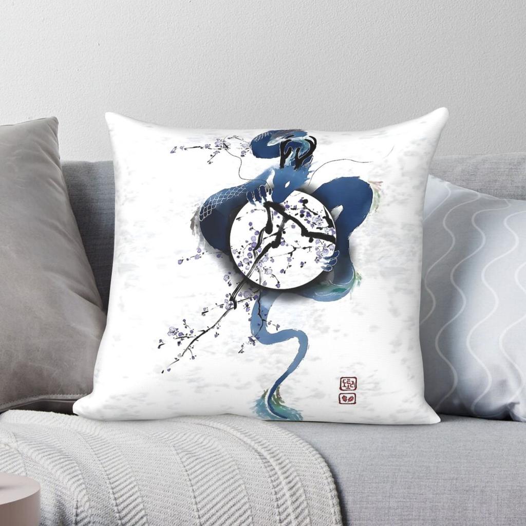Japanese Midnight Moon Dragon Pillowcase Polyester Linen Velvet Pattern Zip Decor Home Cushion Cover