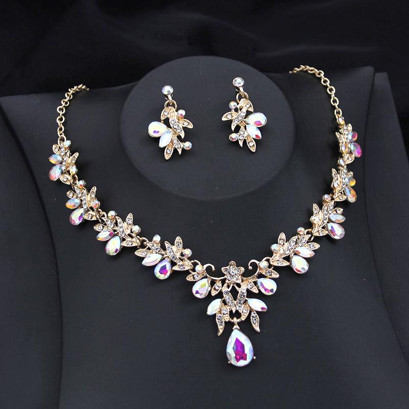 Exquisite 2 Pcs Set Flower Pink AB Crystal Bridal Wedding Jewelry Sets for Women Dangle Earrings and Necklace Sets Blue Green