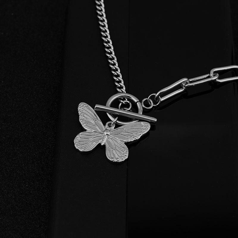 Stainless Steel Butterfly Necklace, Asymmetric Chain Mixed and Matched OT Buckle Necklace, Cold Wind