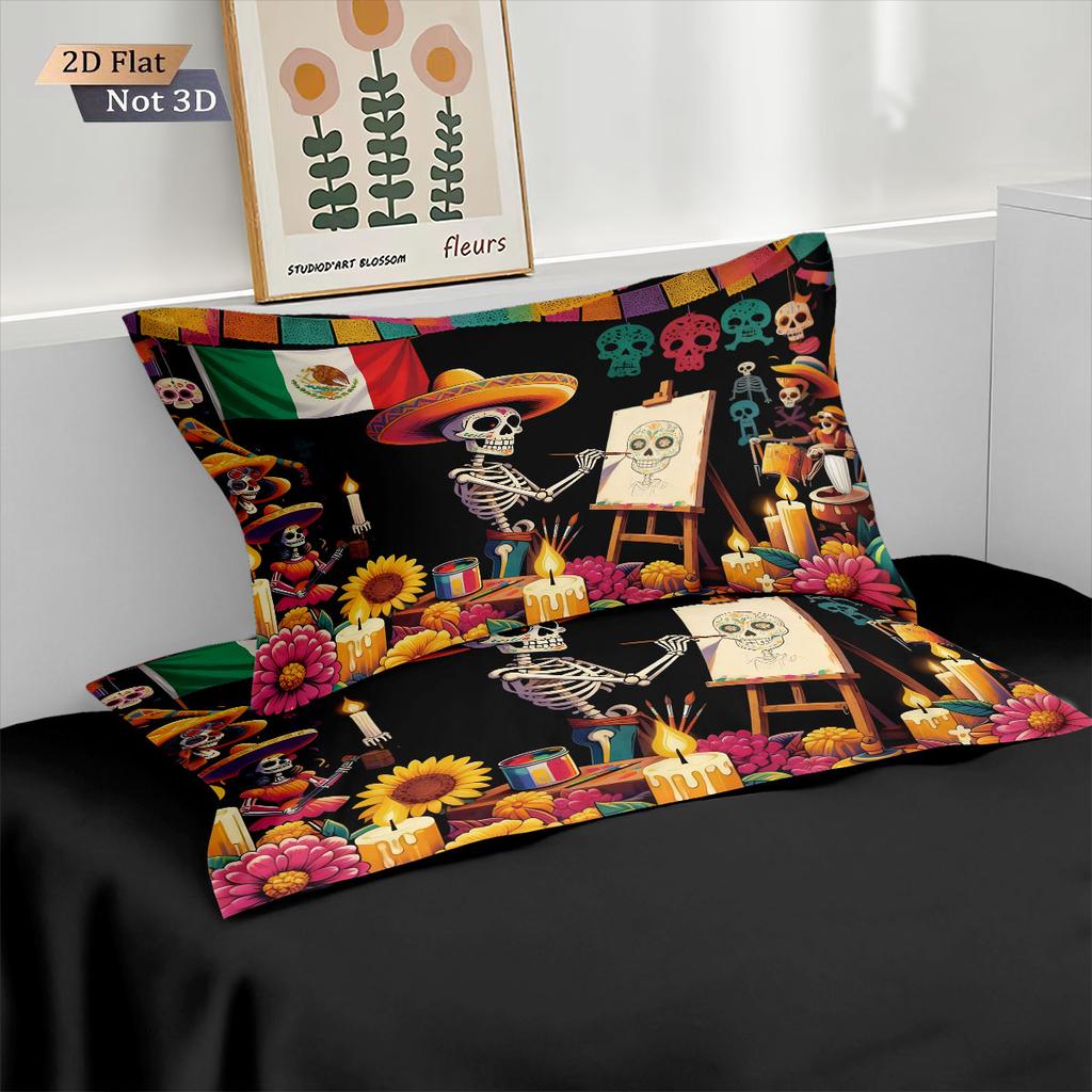 3 st The Day of the Dead Skelett Blommigt Tryckt Quiltset, Flera Storlekar Sovrum Sovsal Sängkläder Dekoration, Maskintvätt
