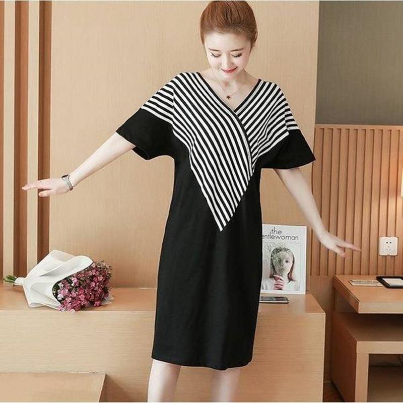 Damen V-Ausschnitt Kurzarm Midi-Kleid Lockerer Schnitt Mittlere Taille Lässiges Gestreiftes Patchwork-Kleid