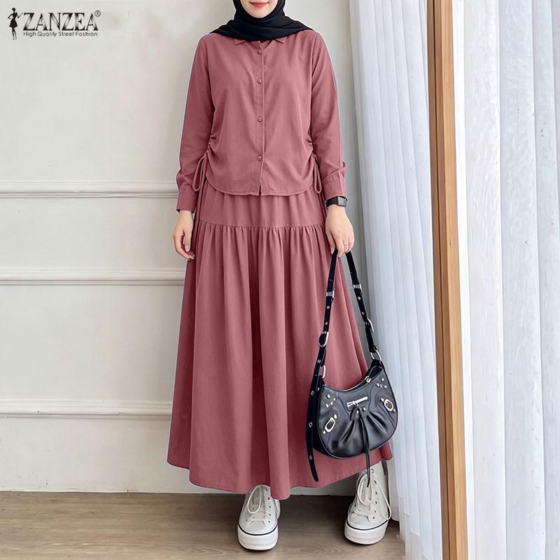 ZANZEA Women Long Sleeve Blouse and Long Skirts Casual Two Piece Suit Sets