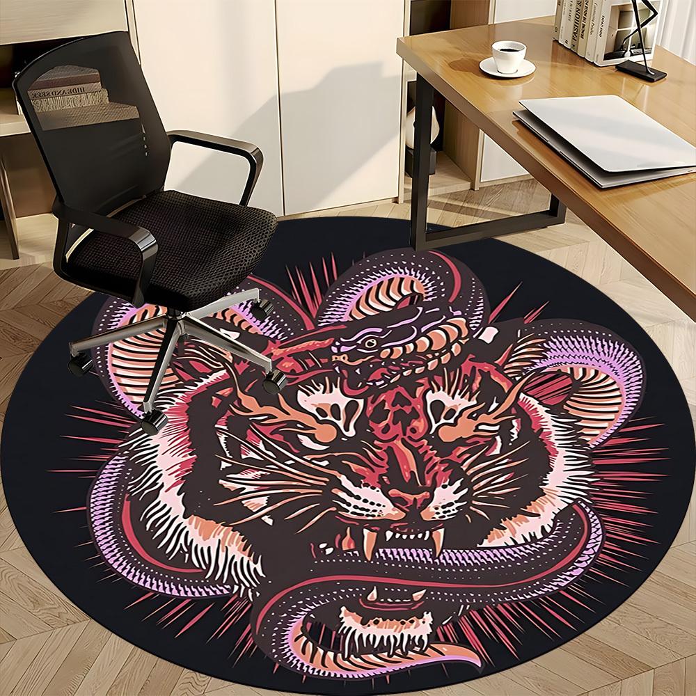 1pc Tiger Snake Design Chair Carpet for Office, Round Non Slip Durable Large Size Office Carpet, Suitable for Office
