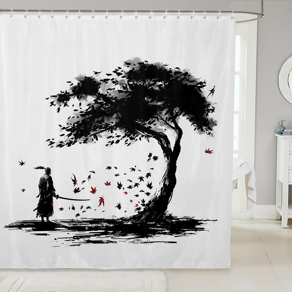 Japanese Samurai Bath Curtain Boys Girls  Landscape Shower Curtain for Kids Women Men Waterproof Sunset Bathroom Shower Curtain