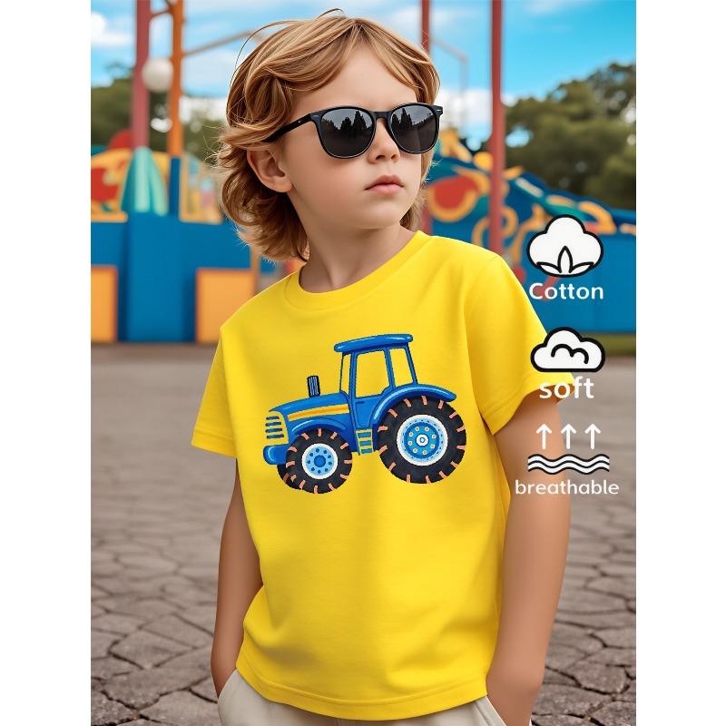 Mărimi Europene Tricou cu Mânecă Scurtă pentru Băieți, Design Imprimat, Model cu Tractor Albastru, Mânecă Scurtă, Îmbrăcăminte Casual de Vară, Confortabil de Purtat