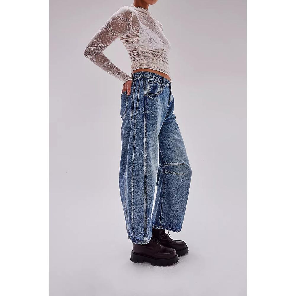 Jeans larghi a vita media-bassa da donna, vestibilità rilassata, casual, con cuciture sul ginocchio, lavaggio vintage, pantaloni lunghi in denim, streetwear quotidiano, autunno, pantaloni larghi in denim