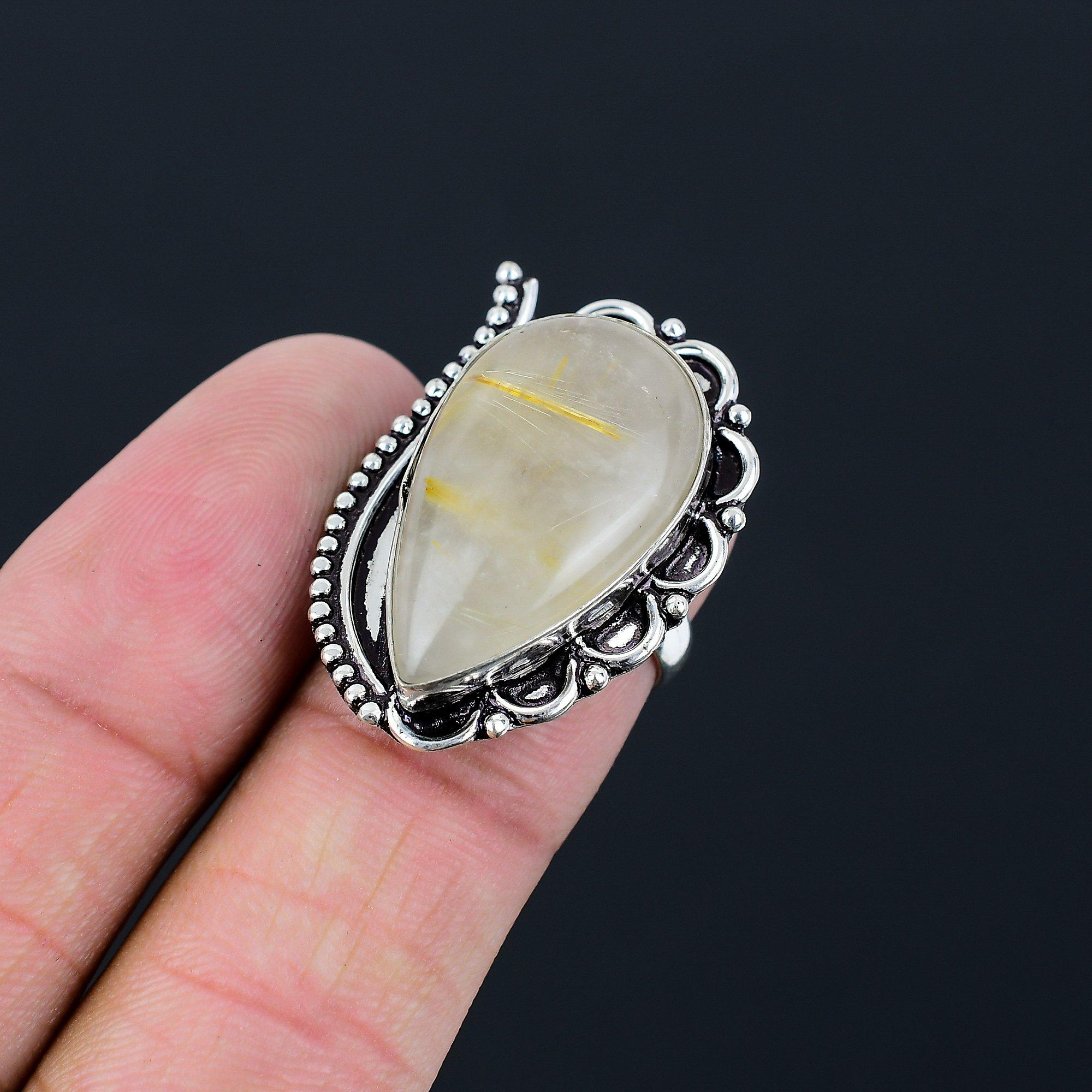 925 Sterling Silver Pear Golden Rutile Gemstone Sister Boho Ring Jewelry Size 6 6