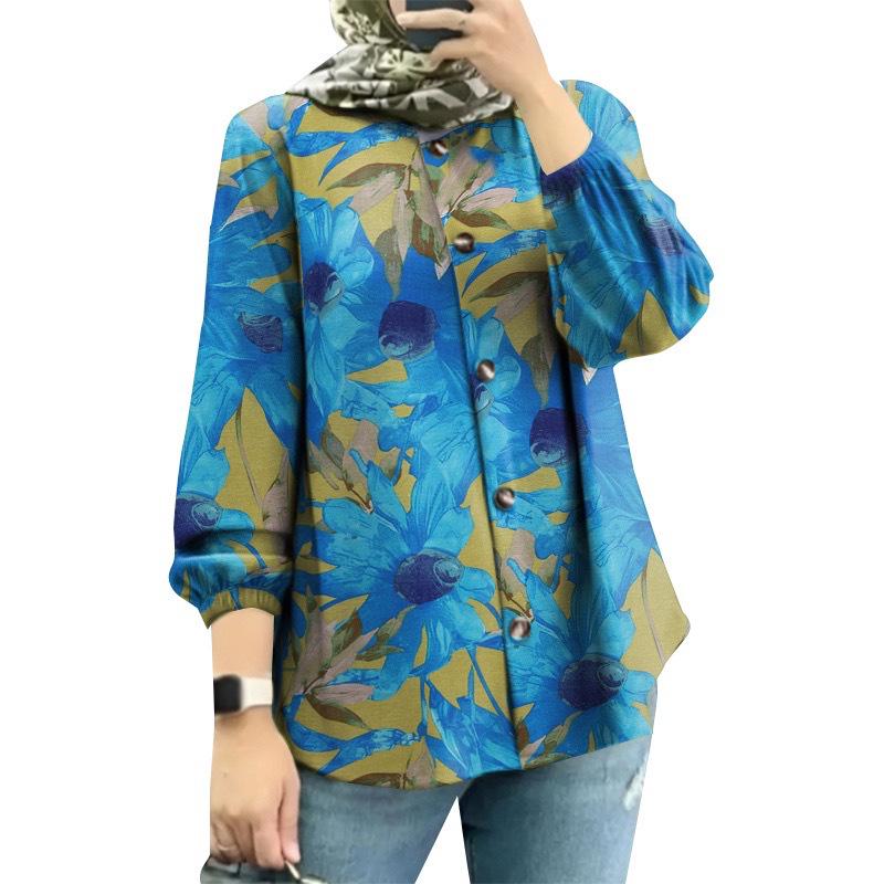 

2025 Новая женская мусульманская рубашка с цветочным узором и рукавами-фонариками 5XL синий