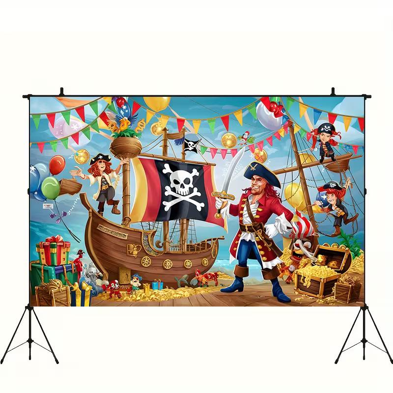 2D buntes Piratenabenteuer Geburtstagsfeier Banner mit Wimpelketten