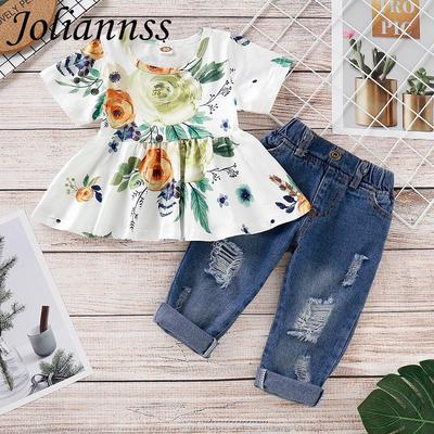 3PCS Toddler Kids Baby Girls T-shirt Tops+Hole Jeans Pants Clothes Outfits Set