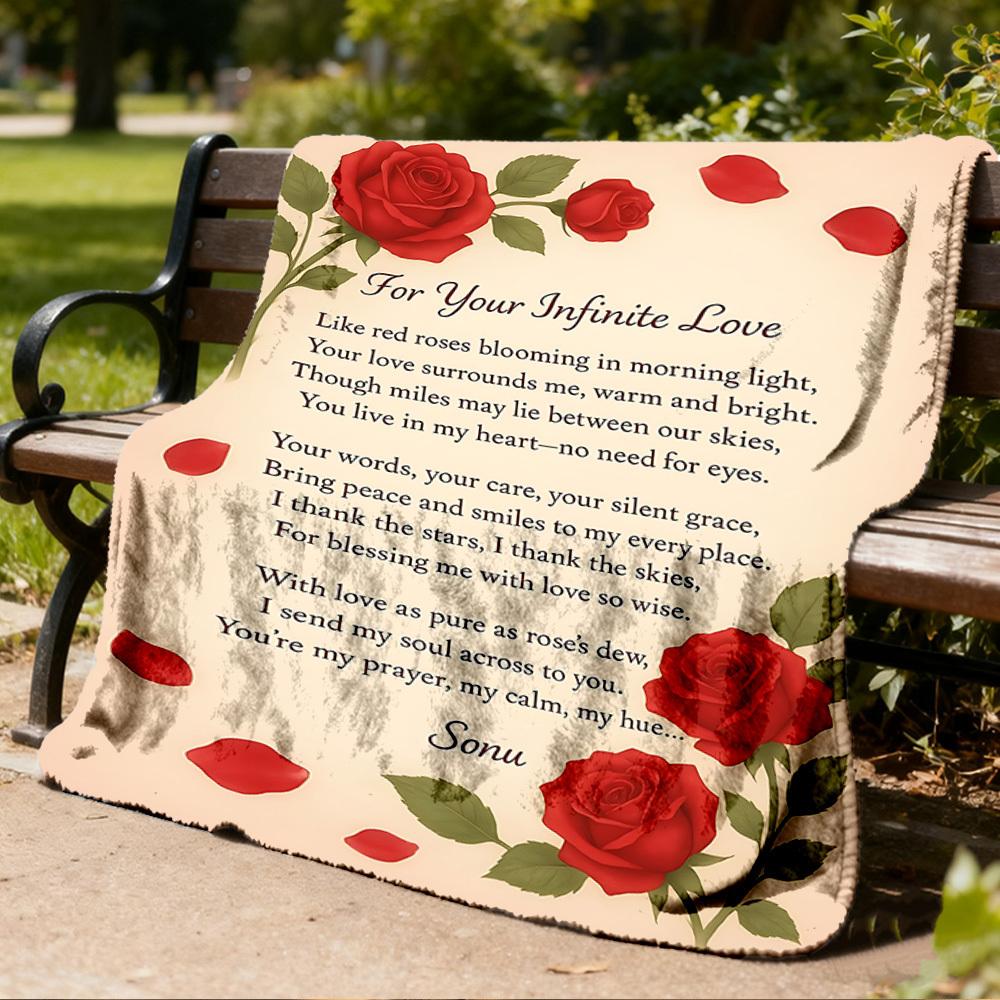 1pc Red Roses Love Poem Throw Blanket Polyester Fiber, Lightweight Flannel, Soft & Warm, All Season Use for Outdoor, Camping
