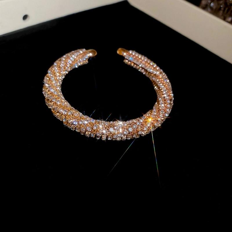 Sparkling Rhinestones Threaded Round Open Bangle Bracelet Adjustable Metal Wrist Jewelry Gift For Women Lady