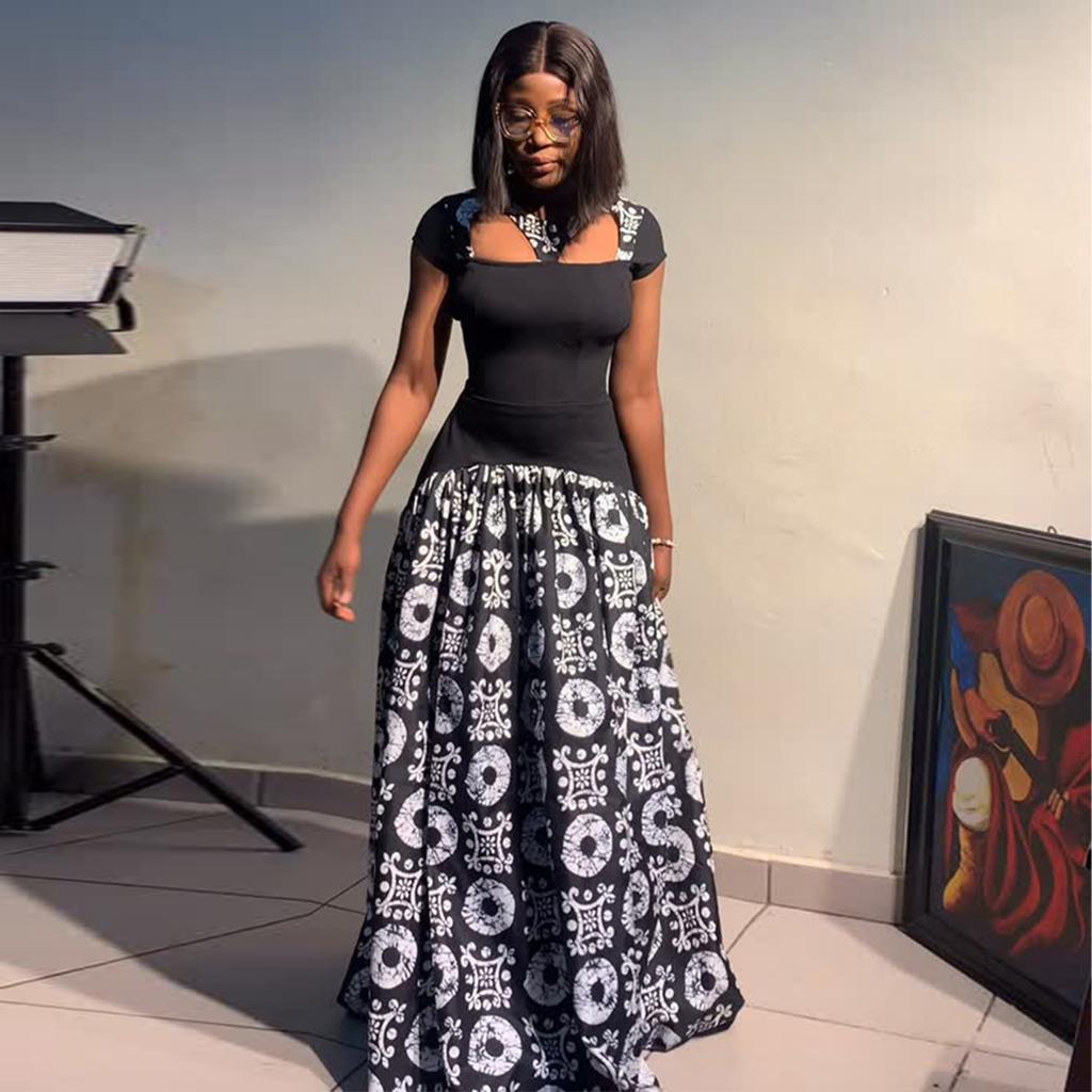 European and American Summer New African Elegant Women's Clothing Round Neck Hollow Splicing Big Pendulum Dress