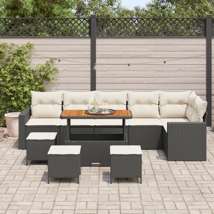 Ensemble de 10 Pièces de Canapés de Jardin avec Coussins Noir Poly Rattan Acacia, Ensemble de 4 Pièces de Salle à Manger de 3361640