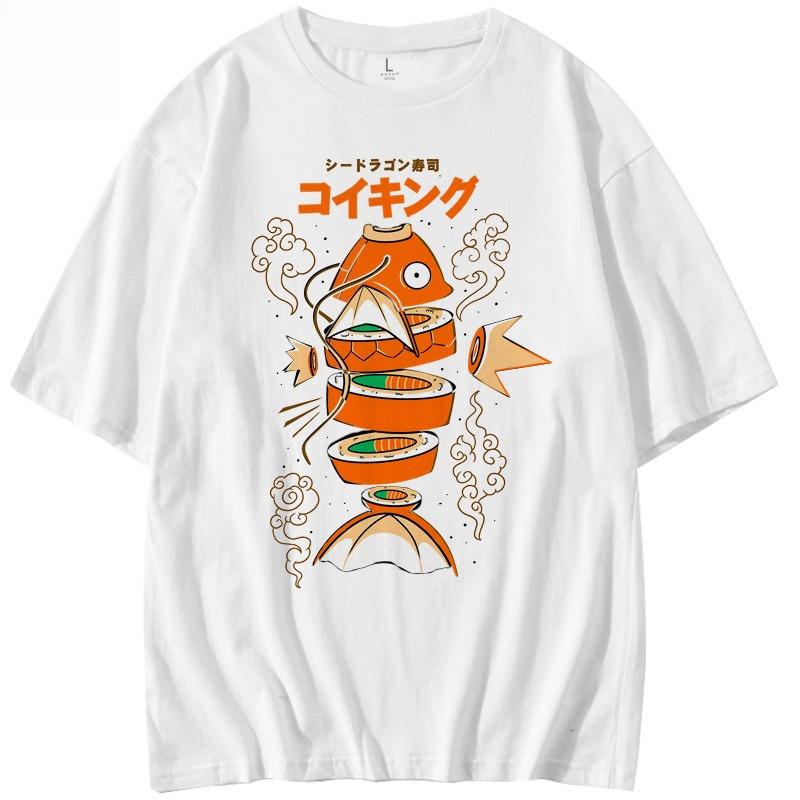 Japanese Style Pokemon King Carp Magikarp Sushi Sashimi Short Sleeved Pure Cotton T-shirt Loose Men's and Women's Summer Tops