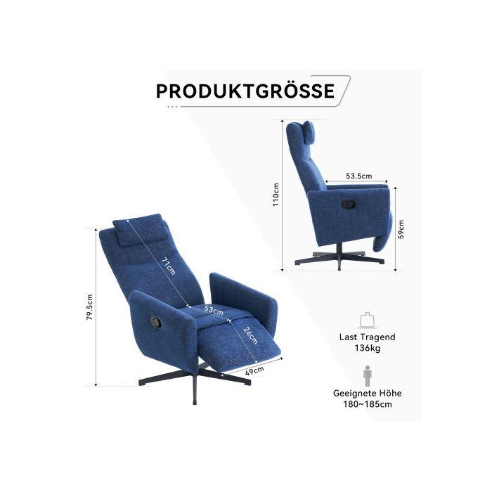Fauteuil inclinable confortable avec fonction d'inclinaison – fauteuil TV moelleux avec repose-pieds, bleu