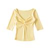 Deep V-Neck Kink Medium Sleeve T-Shirt Women's Summer New American Spice Girl Style Solid Color Slim Skinny Bottom Top