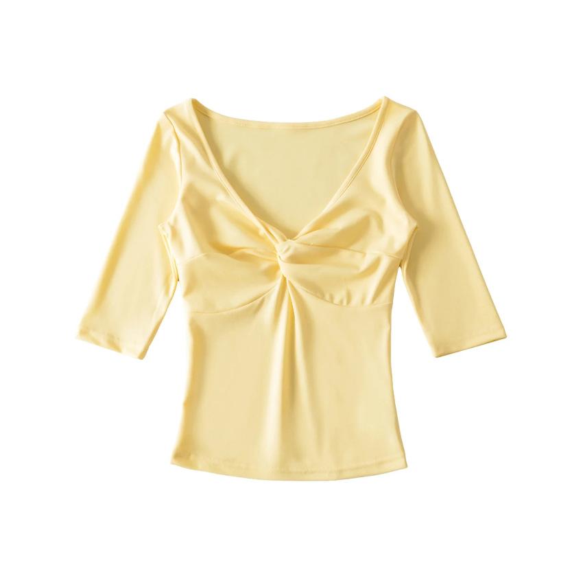 Deep V-Neck Kink Medium Sleeve T-Shirt Women's Summer New American Spice Girl Style Solid Color Slim Skinny Bottom Top