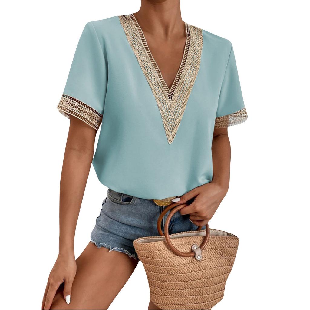 Women's Fashion Casual V-neck Lace Loose Temperament Short Sleeve Top