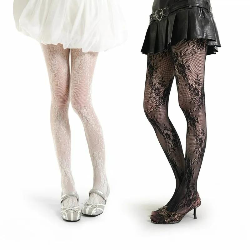 Women Sexy Hollow Out Mesh Fishnet Pantyhose Lolita Sweet Girls Punk Style Floral Tights Colorful Thigh High Stockings Lingerie