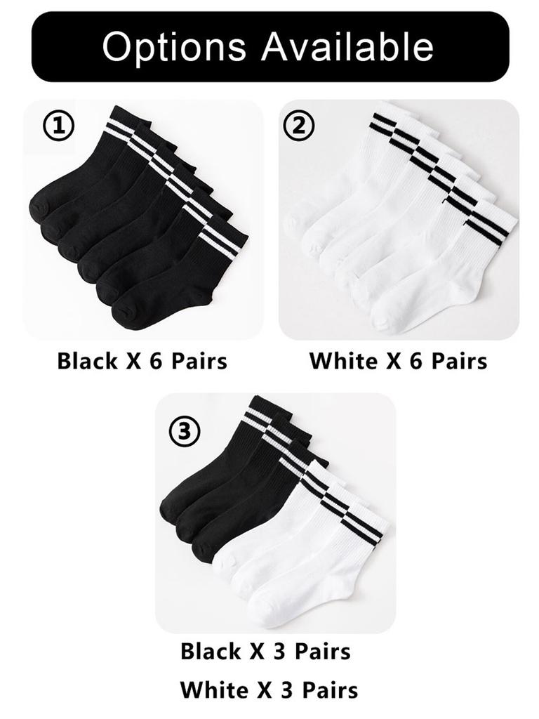 6 Pairs Women'S High Tube Mid Length Stockings Set In Pure Black And White With Parallel Bars Popular And Sweat Absorption