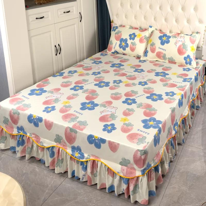 Falista koronkowa spódnica na łóżko Miękka i wygodna drukowana pościel Wzór roślinny Antypoślizgowa i pyłoszczelna narzuta na łóżko Pościel